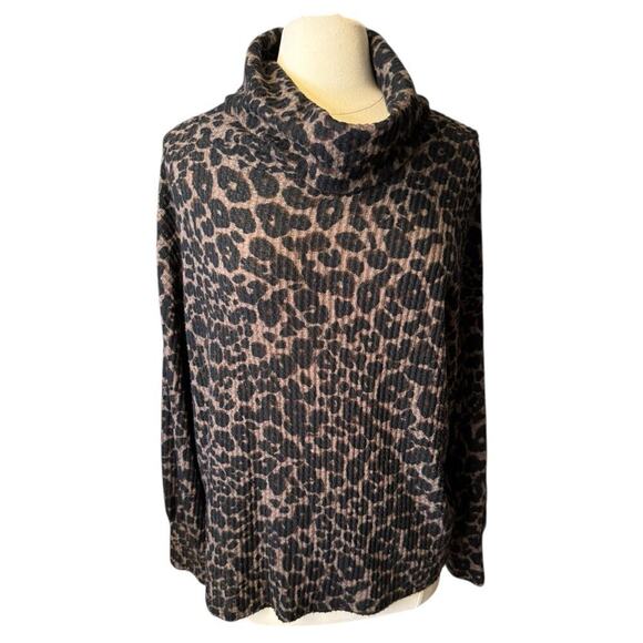 Sanctuary Animal Print Cowl Neck Brown Leopard Pullover Knit Top Sweater 1X - Picture 2 of 8